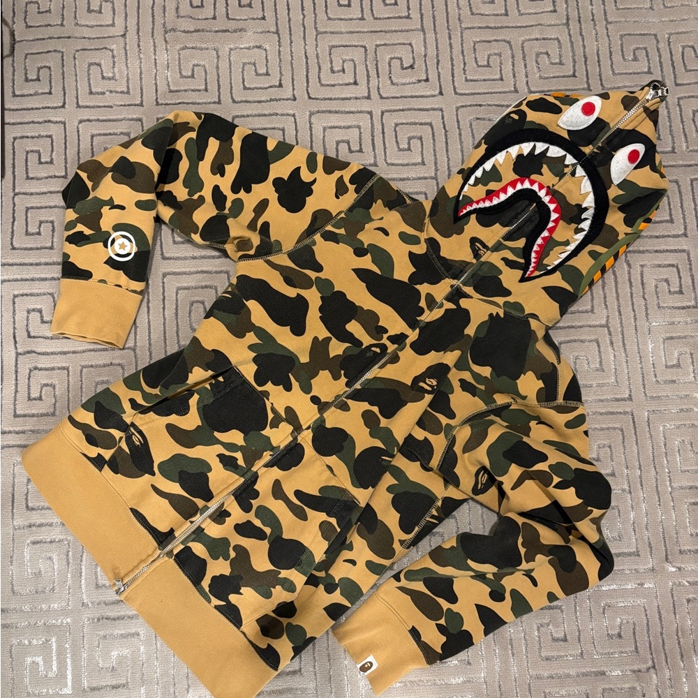 Bape Kids Camo Shark Hoodie Jacket - Green and Black